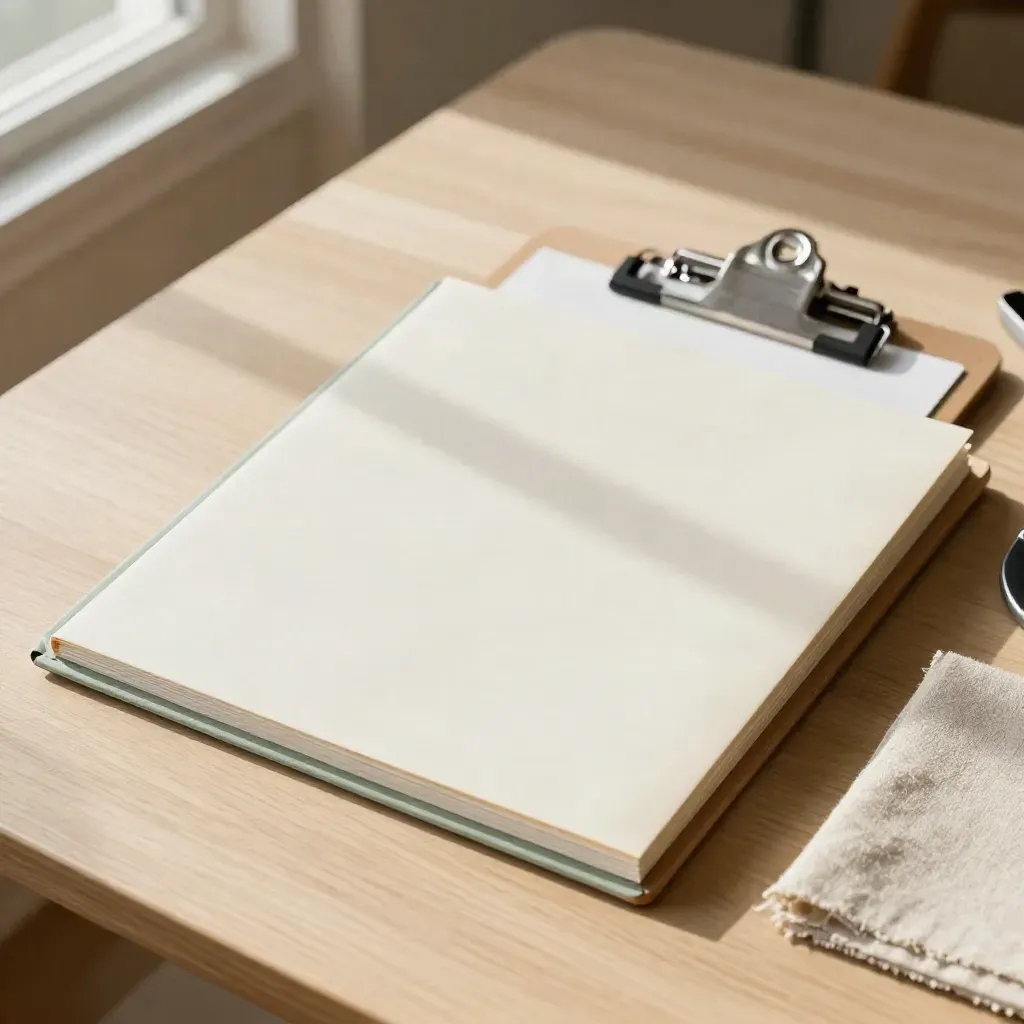 Top-down audit pack on pale oak with calculator, folders, clipboard and linen sample in warm light.