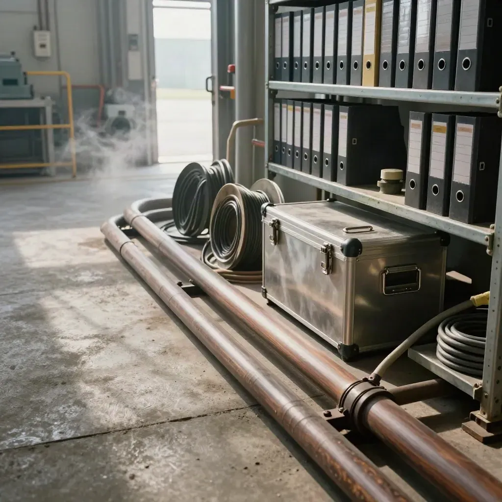 Floor-level plant walkway with binders, cable reels and a sampling case in cinematic steam and light.