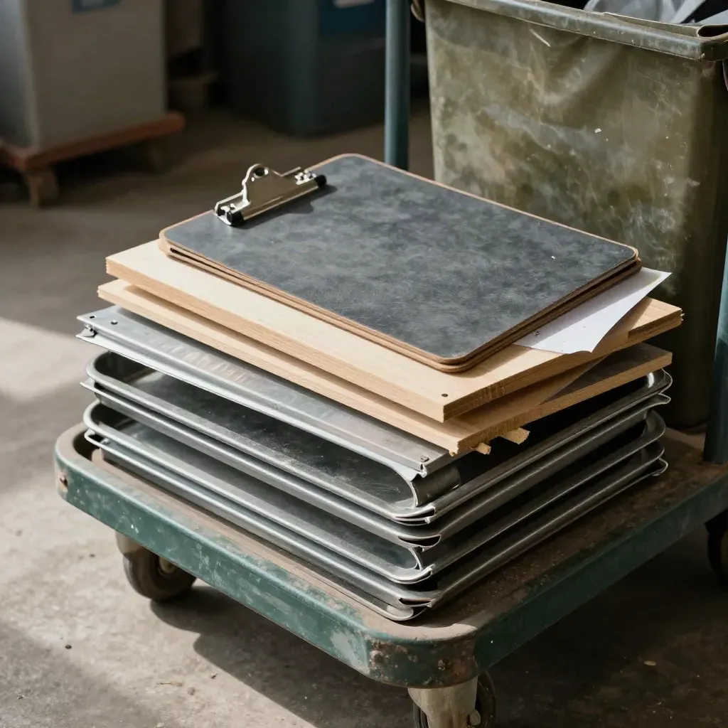 Utility cart with sorted offcuts, recycled trays and a clipboard beside a scrap bay.