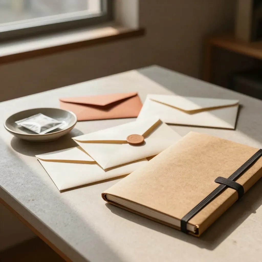Sealed sample envelopes and a kraft portfolio on a window-lit Kyoto Carbon desk
