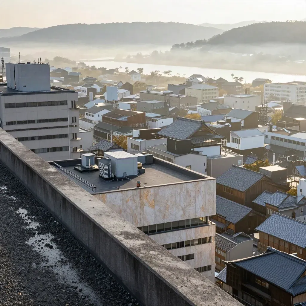 Kyoto rooftop view over industrial blocks, temple roofs and morning mist.