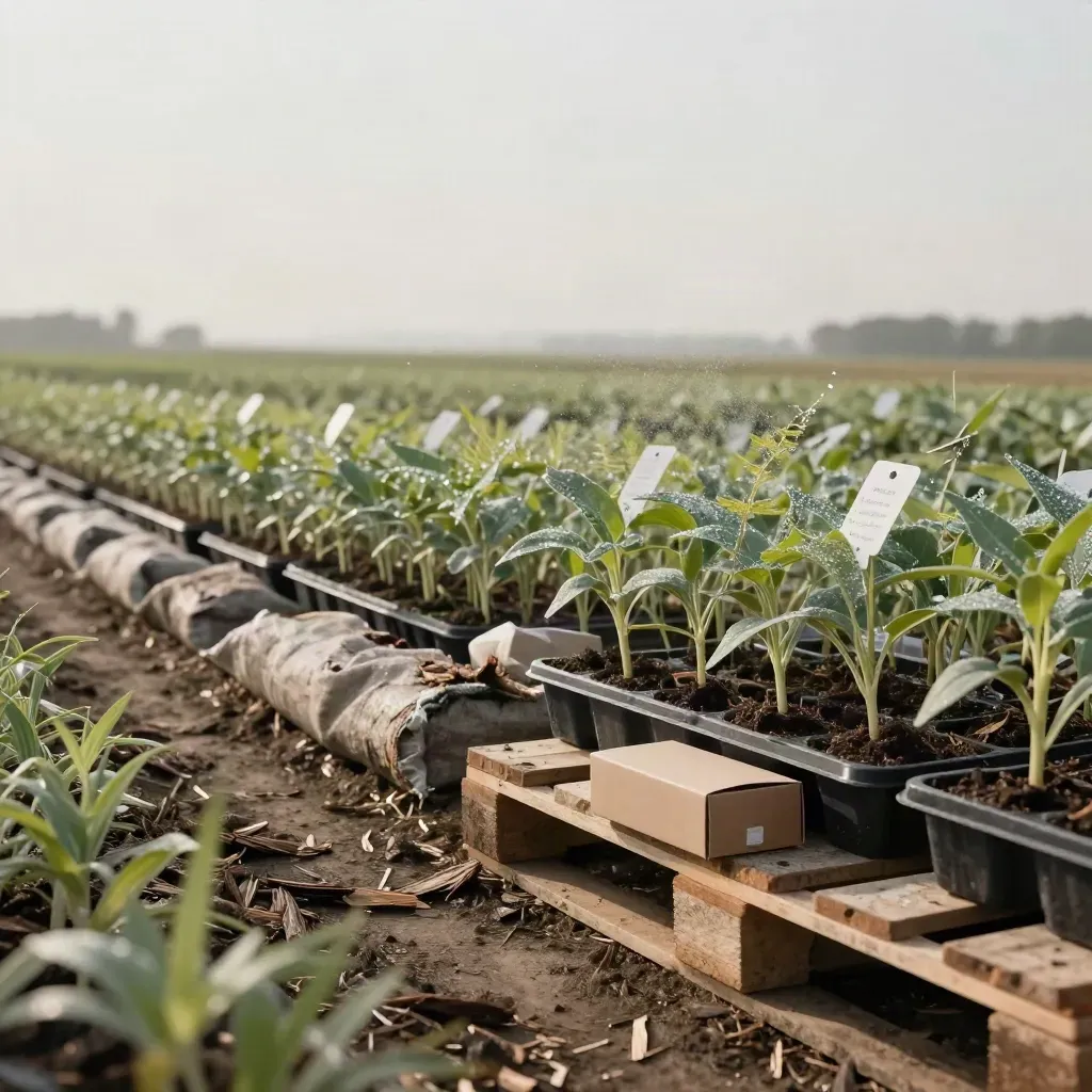 Seedlings, mulch bags, and a sealed sample box in a breezy nursery under open sky.
