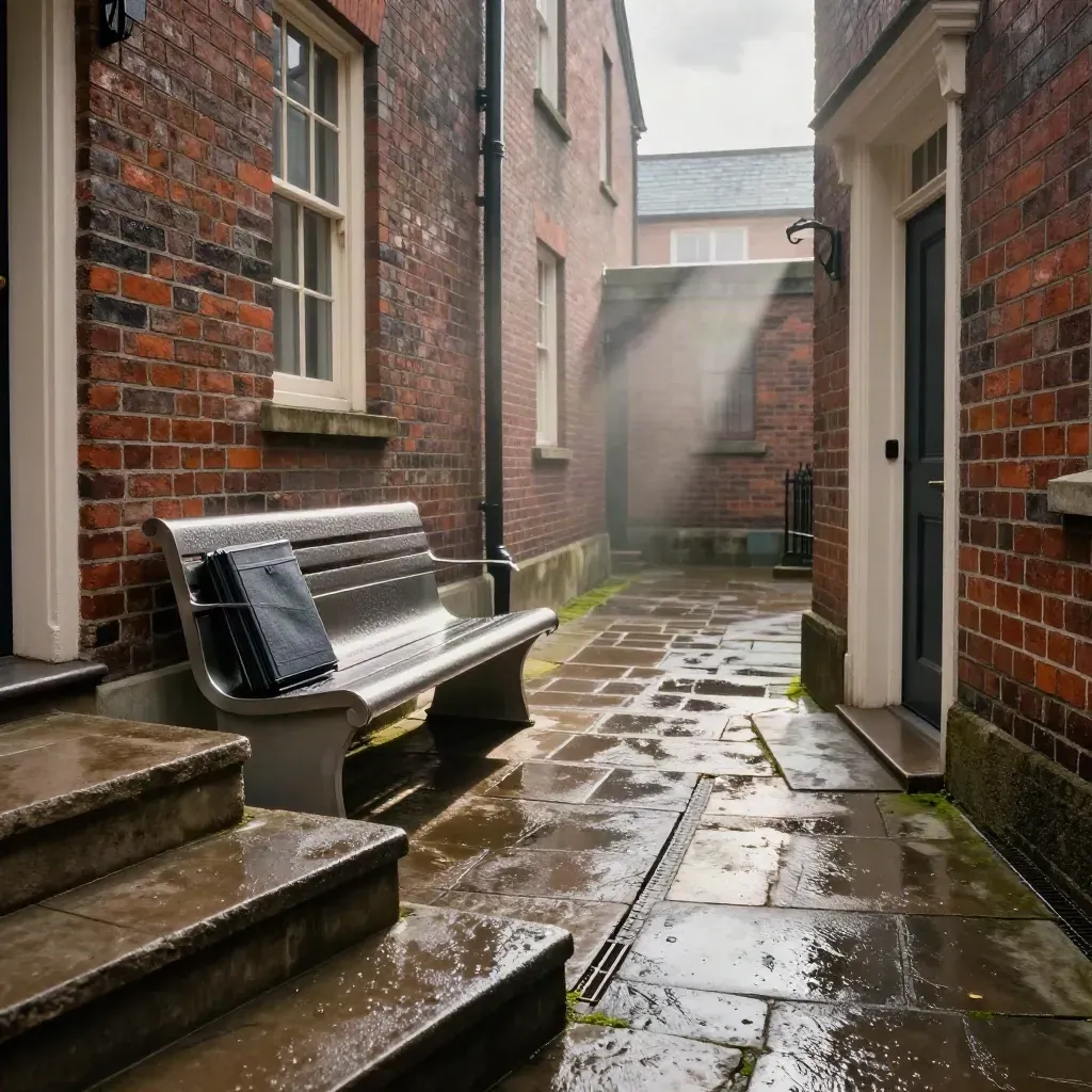 Rainy brick courtyard with bench, sealed portfolio case, and misty stone paving