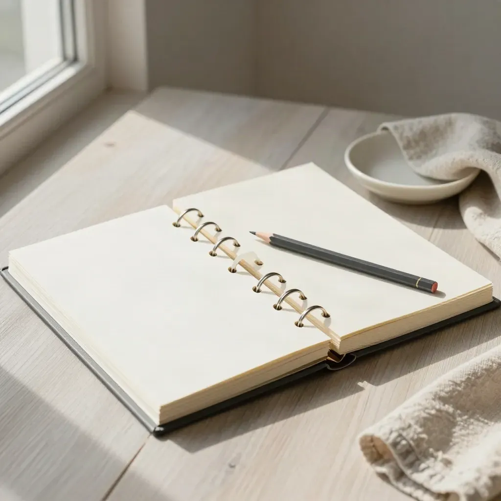 Open ring binder, pencil, linen cloth, and ceramic dish on pale wood