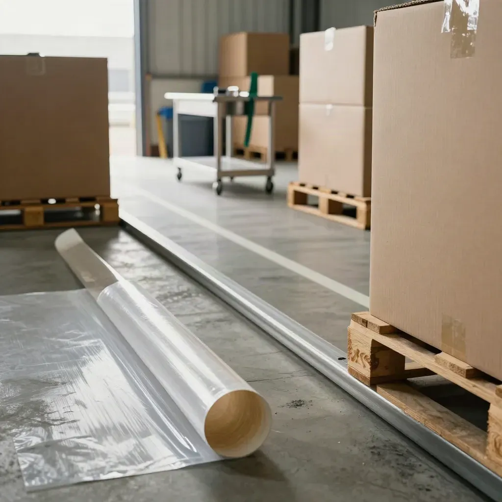 Warehouse receiving lane with cartons, pallet wrap, and an inspection cart in soft daylight.