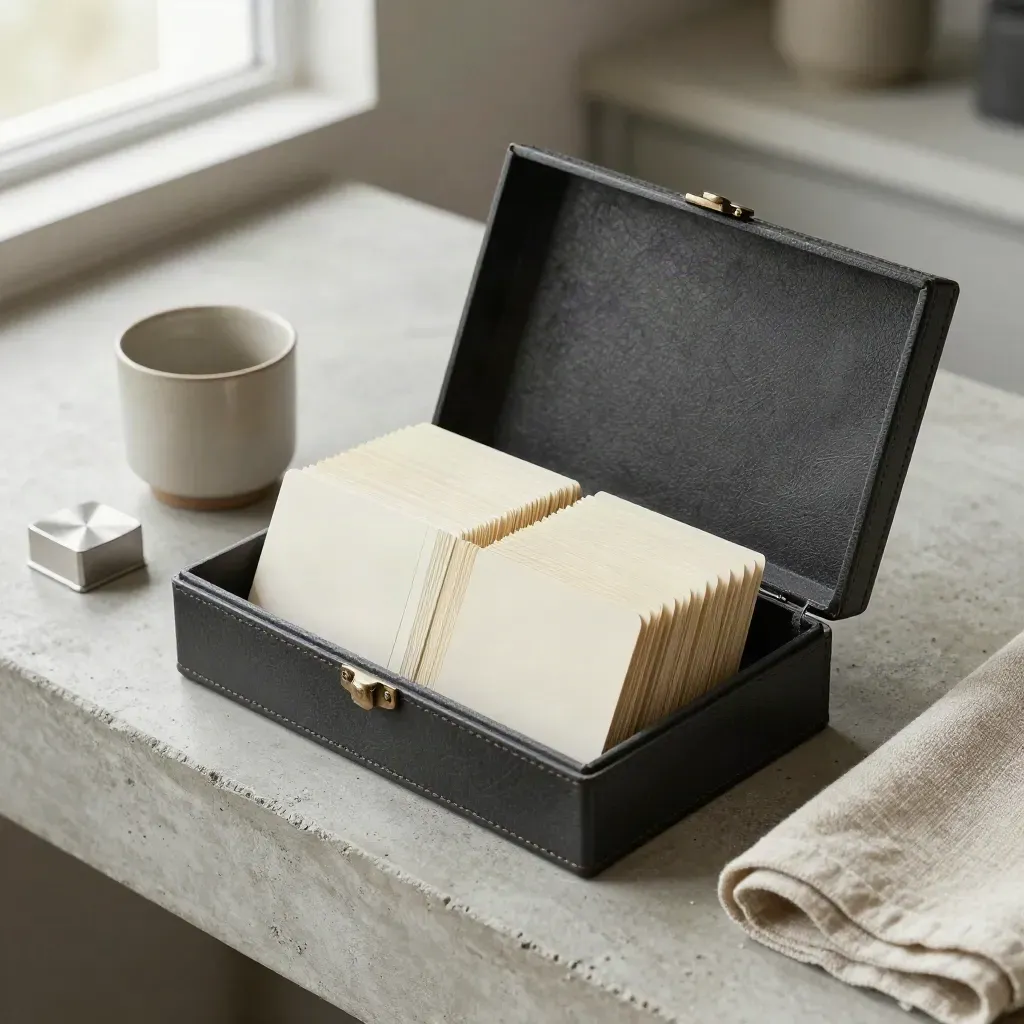 Carbon consulting sample box with fanned project cards, cup and paperweight on concrete